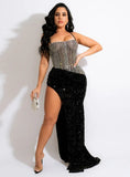 Sexy Sequins Straps Backless Irregular Slit Long
