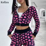 Y2K Pink Print Sweet Kawaii Women Crop Top Hoodies Long Sleeve Fashion Grunge Skinny Female Sweatshirt