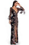 Occassional Sequin Front Slit V-Neck Long Dress with Wide