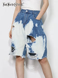Streetwear Patchwork Hole Pants For Women High Waist Denim Wide Leg Casual Trousers Female Fashion New Style