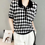 Polo-Neck Button Knitted Blouse Summer Thin Casual All-match Plaid Patchwork Female Clothing Loose Short Sleeve Shirt New-Outfit