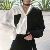 Korean Summer Vintage Shirt Women Long Sleeve Tops Button Up Cardigan Patchwork Elegant Black White Beautiful Blouses