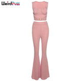 Elegant Women Solid Ribbed Knitted Matching Set Strapless Top Boot Cut Pant Two Piece outfit High Street Casual
