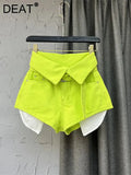 Women's Denim Shorts High Waist Fluorescent Green Cuffs Design Belt Wide Leg Short Pants 2024 Summer New Fashion 29L1819-Outfit