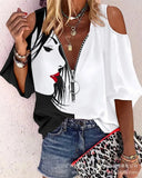 Loose Zipper Print Shirt Blouse Women Spring Summer Fashion V-neck Lantern Sleeve Shirts For Women Sexy Off Shoulder Top-Outfit