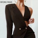 Women Solid One Shoulder Bodycon Midriff Party Blazer Dress-Outfit