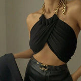 Women Sexy Halter Crop Tops Cross Bandage Summer Women Casual Tank Tops Vest Metalic Chain Crop Tops blusas Fashion