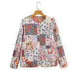 Autumn Winter Pink Flower Print V Collar Quilted Coat Ethnic Women Front Pockets Thin Quilting Full Sleeve Bomber Jacket-Outfit