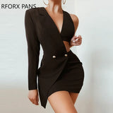 Women Solid One Shoulder Bodycon Midriff Party Blazer Dress-Outfit