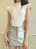 Sexy White Bodysuits For Women Turtleneck Sleeveless Patchwork Chain Cut Out High Waist Bodysuits Female Summer