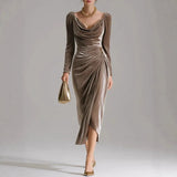 New Women's Dress Solid Color Sexy Beads Open Skirt Belt One-Shoulder Evening Dress Night Dress Night