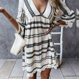 Printed Mini Dress V-neck Casual Lace Fashion Beach Dresses 2021 Summer Elegant Flare Sleeve Patchwork Loose