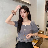 Women Summer Chic Plaid Novelty Korean Style Hem Ruffles Button Classic Slim Tunic Top Short Holiday Student Kawaii