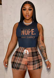 Printed Casual O-Neck Sleeveless Crop Top Letter Print Two Piece Shorts