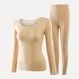 Women's Crewneck Seamless Long Johns Warm Thick Thermal Underwear Top & Bottom 2 Pieces Set for