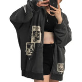 Women's street brown graffiti print zip vintage tops hoodie sweatshirts hoodies kawaii Blouse grunge y2k coats Autumn