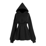 QWEEK Harajuku Hoodie Dress Sport Balck Mini Hooded Dress 2021 Autumn Korean Style Wrap Long Sleeve Dress Women