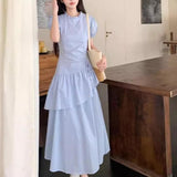 Blue Short-Sleeved Dress Women's Summer 2025 New Small Folding Thin Temperament Cake