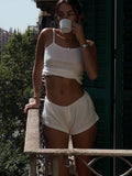 Women Y2K Kawaii Loungewear 2 Pieces Set Lace Trim Eyelet Camisoles Tank Tops + Elastic Waist Shorts Pajamas Outfits-Outfit