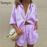 Summer Fashion Women Sets Khaki Cotton Short Sleeve Shirt Tops And Pants Two Piece Set Women Lounge Wear Outfits
