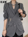 Women Gray Irregular Big Size Blazer New Lapel Long Sleeve Loose Fit Jacket Fashion Tide Spring Autumn 2023