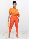 Streetwear Black 2 Two Peice Sets Womens Outfits 2022 Short Sleeve O Neck Crop Top Mesh Pants Suits Black Matching