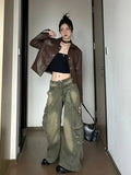 women retro washed work jeans American street fashion brand Y2k straight loose wide leg jeans-Outfit