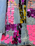 Women's Denim Suit Coat Pink Sequins Crystal Single Breasted Asymmetric Hand-Painted Blazer 2024 Summer New Fashion 29L7127-Outfit