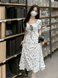 Floral Dress Women Summer Elegant Party Midi Dresses Casual Puff Sleeve Designer Chic Korean Fashion Female Dress