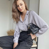 Elegant Satin Silk Women Shirts Spring Autumn Vintage Turn Down Collar Female Blouse white Office Ladies Shirt Tops
