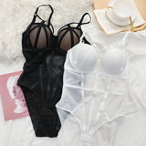 Classic Bandage Hollow Bodysuit Women Sexy Lace Push Up Bra Set Transparent Stripe Mesh Underwear Plus Size