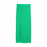 Women Chic Fashion Front Slit Ribbed Knit Midi Skirt Vintage High Elastic Waist Female Skirts