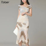 Fashion Women Summer OL Elegant Bodycon Party Set Sexy V-Neck Tops Print Short Sleeve Shirt And Ruffle Skirt Two Piece