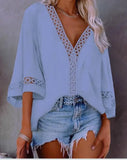 Solid Color Flare Sleeve Top For Women's New Blouse V-neck Hollowed Out Lace Patchwork Shirt Blusa Feminina