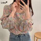Sweet Young Style Floral Square Collar Shirt Spring Autumn Fashion New Long Sleeve Loose Female Printed Vintage