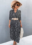 Vintage V-neck Half Sleeves Dot Print Midi Loose Holiday