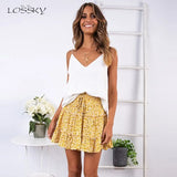 Skirt Women Floral Print Ruffle Lace-up Pleate Mini Skirt Boho Chi High Waist Short Summer Beach Wooden Ear Skirt