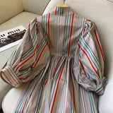 Japanese Retro Color Matching Rainbow Striped Puff Sleeve Dress New All Match Mid-Calf Stand Dresses for