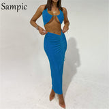 Fashion Sexy Women Summer Split Long Skirt Set 2021 Halter Skinny Orange Tops And High Waisted Skirt Suit Two Piece