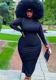 Plus Size Black Casual Line Long Sleeve Long