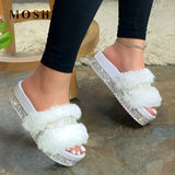 Slippers Women 2021 Fashion Summer Fur Slides For Woman Rhinestone Sandals Fluffy Female Shoes Glitter Indoor Diamond