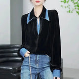 Solid Color Denim Spliced Blouse Commute Turn-down Collar 2023 Spring Autumn Women's Clothing Long Sleeve Straight Shirt-Outfit