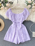 Slash Neck Women Jumpsuits 2022 New Sweet Ruffles Hollow Solid Rompers Summer Fashion Wide Leg Short