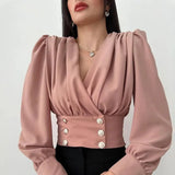 Red Crop Tops Women's V-neck Sexy Long Sleeved Short Waistband Bubble Sleeved Solid Color Pleated Shirt Femme Blusas
