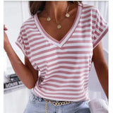 Loose Office Clogthing Women's Top Striped V-neck Summer Short Sleeved T-shirt 2023 Female Pullover Tee Shirt