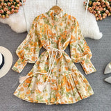 Casual Print Patchwork Dress For Women Stand Collar Lantern Long Sleeve Lace Up Slim High Waist Mini Dress Female