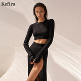 2022 Knitted Sweater Long Skirts Two Piece Set Women Suits With Skirt Crop Top Button Sexy Split Dress Suits