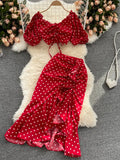 Women Red/Purple/Black Polka Dot Two Piece Set Summer Sexy Ruffle Short Drawstring Tops + High Waist Irregular Skirt 2pcs