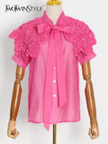 Patchwork Diamonds Shirt For Women Bowknot Collar Short Sleeve Solid Blouses Female Fashion Clothing Style New