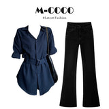 Cool Tung Sister Wearing A Blue Waist Sunscreen Long-Sleeved Shirt Micro-Tpeak Trousers